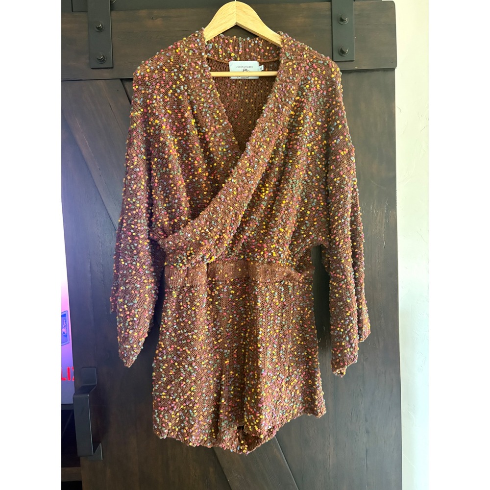 Judith March Confetti Knit Pom Pom Wrap Romper Brown Multi Color Size M